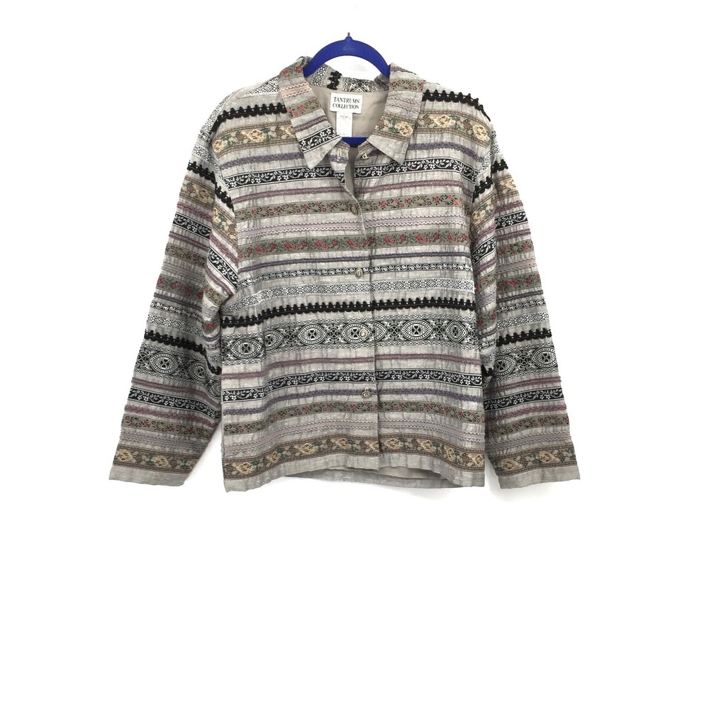 vintage Tantrums Collections Gray Textured striped Silver Jacket lagenlook L